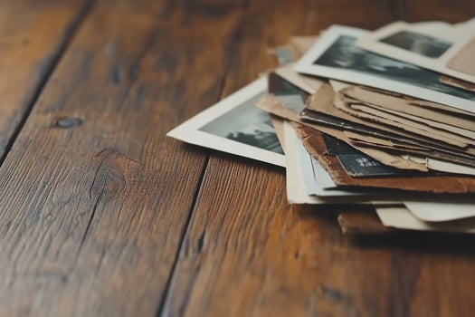 Old photographs on a wooden table photo