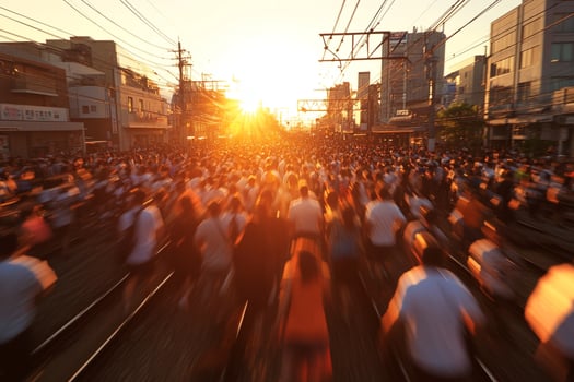 A crowd of people on a train track at sunset photo