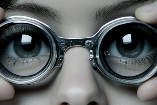 A woman is holding a pair of glasses over her eyes photo