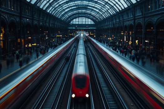 A train is moving through a train station photo