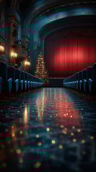 Elegantly decorated theater with Christmas tree and red curtains creating a festive atmosphere during the holiday season photo