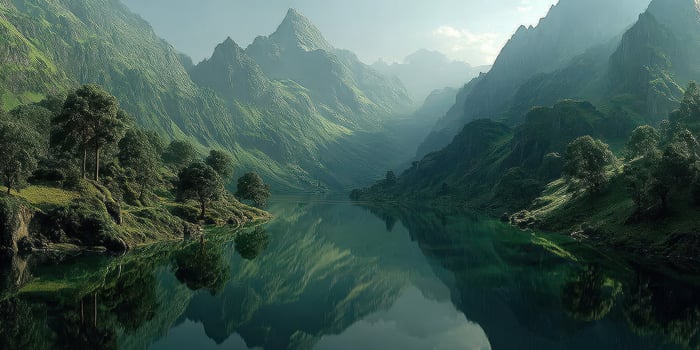 Serene mountain lake reflecting vibrant greenery under soft morning light photo