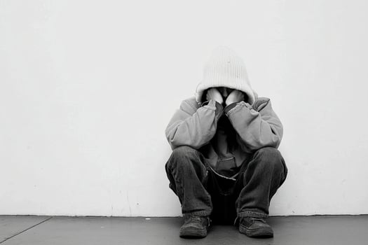A person sitting on the ground with a hoodie on photo