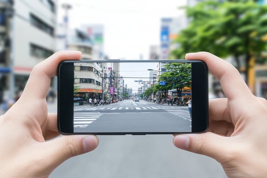 A person holding up a smartphone with a street view photo