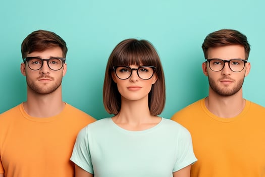 Three people wearing glasses on a blue background photo