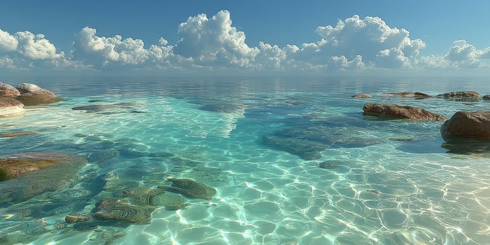 Calm turquoise waters reflect fluffy clouds under a clear blue sky at midday by the coast photo