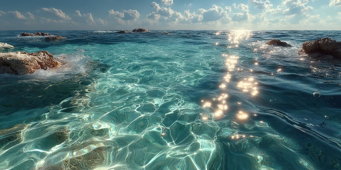 Crystal clear ocean water sparkles under the bright sun near rocky shoreline in a tranquil environment photo