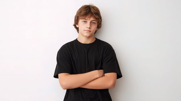 Teenage boy with arms crossed standing against white wall photo