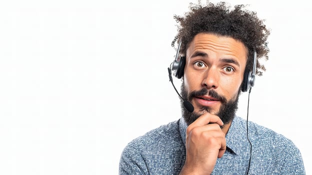A man with a beard and headphones is thinking photo