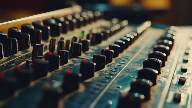 Close up view of an audio mixing console in use photo