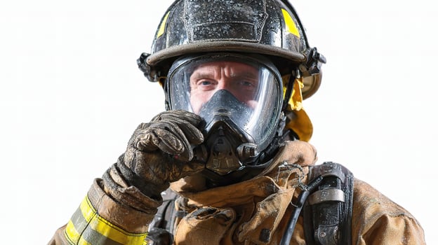 A firefighter wearing a gas mask and holding a hose photo