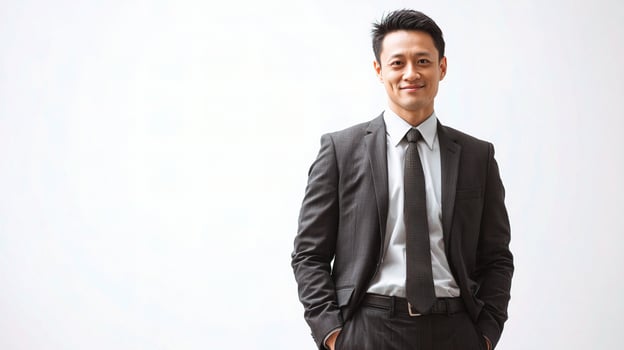 Asian businessman standing in front of white background photo