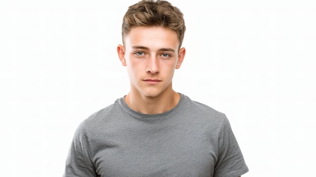 A young man in a gray t - shirt photo