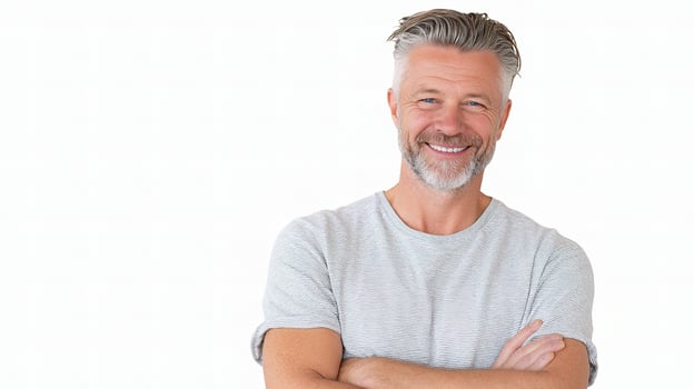 A man with a gray beard and gray t - shirt photo