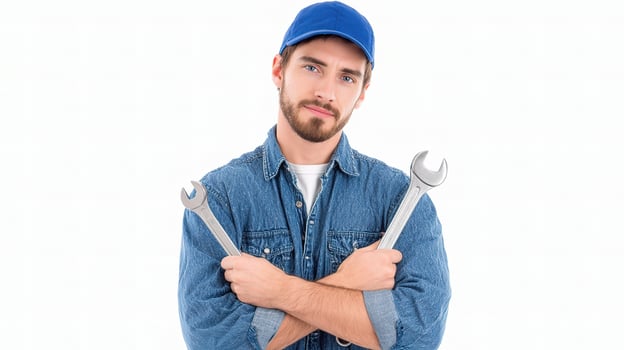 A man in a blue hat holding a wrench photo