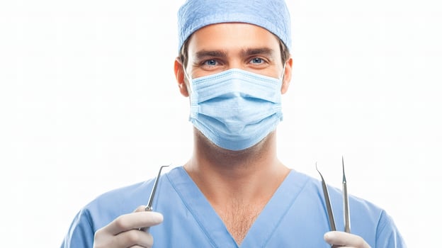 A man in scrub clothes holding surgical tools photo