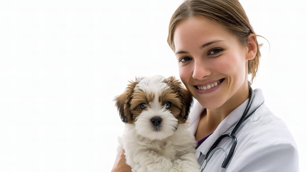 A woman in a white coat holding a small dog photo