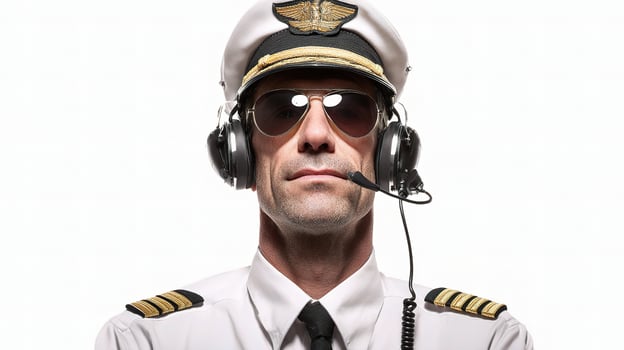 A man in a pilot's uniform with headphones on photo