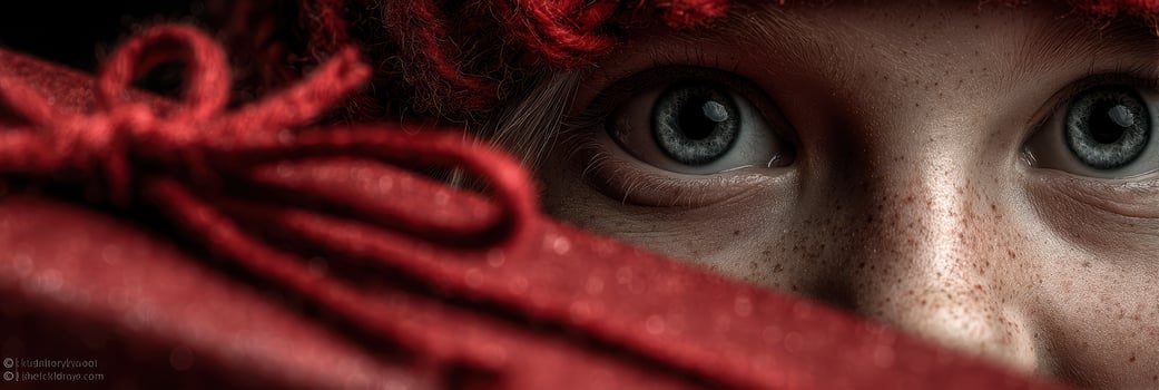 Child with blue eyes and freckles peeking from behind a red gift during a winter celebration photo
