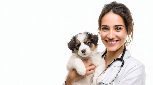 A woman in a doctor's coat holding a puppy photo