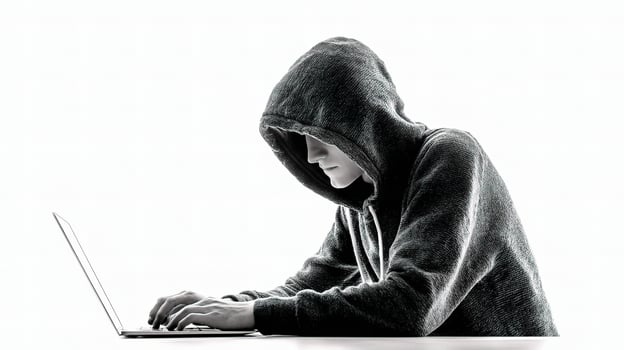 A person in a hoodie is using a laptop photo