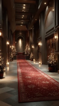 Elegantly decorated hallway with festive lights and Christmas trees during the holiday season photo