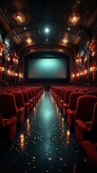 Elegant vintage theater interior with plush red seats and glowing lights in early evening setting photo