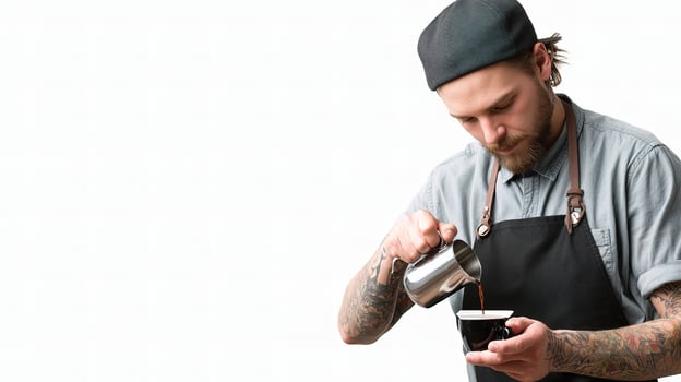A bearded man in an apron pouring coffee photo
