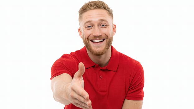 A man in a red polo shirt is giving a thumbs up photo