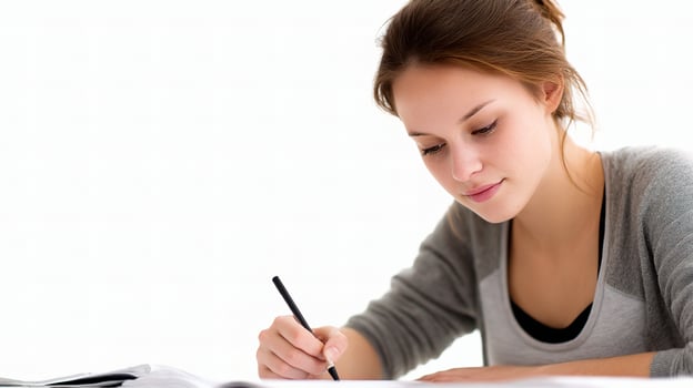 A woman is writing in a notebook while sitting at a desk photo