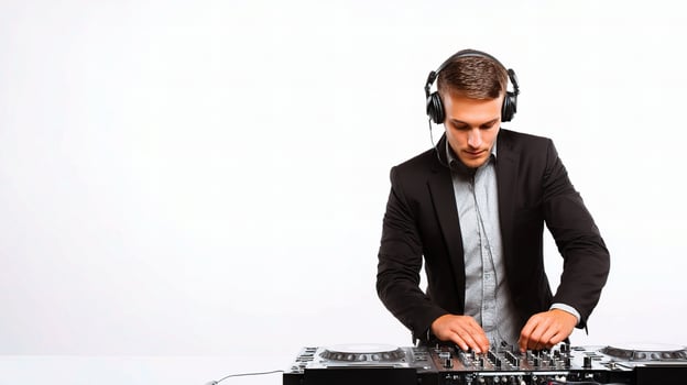 A man in a suit is mixing music on a dj mixer photo