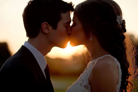A bride and groom kiss at sunset photo