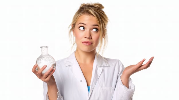 A woman in a lab coat holding a glass bottle photo
