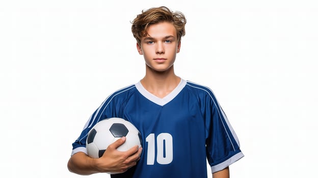 A young man in a blue soccer uniform holding a ball photo