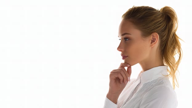 A woman in a white shirt is looking to the side photo