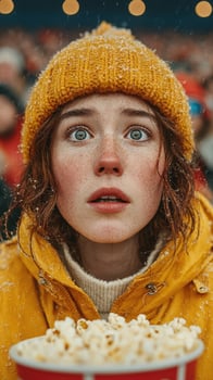 Young girl in a yellow coat and hat watches an outdoor event in winter snow with popcorn in hand photo
