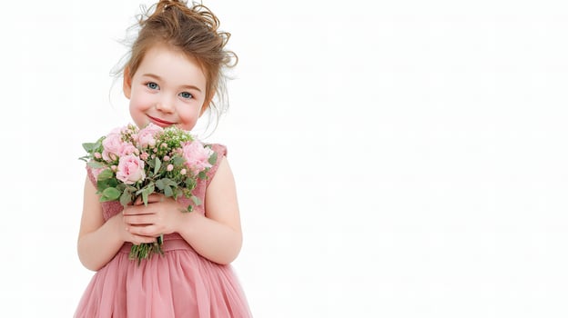 A little girl in a pink dress holding a bunch of flowers photo
