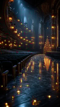 Elegant theater illuminated by candles with a Christmas tree creating a festive atmosphere during winter evening photo