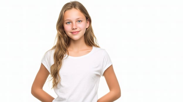A young girl in a white t - shirt photo