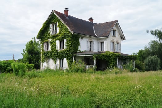 An old abandoned house in the middle of a field photo