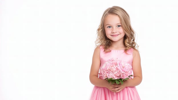 A little girl in a pink dress holding a bouquet photo