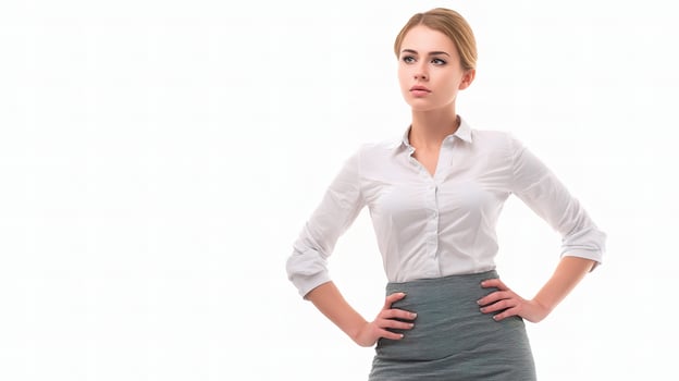 A woman in a skirt and shirt standing with her hands on her hips photo