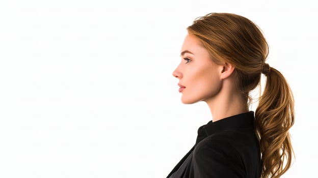 A woman in a black suit looking off to the side photo