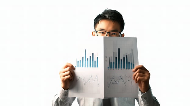 A man in a suit holding a piece of paper with graphs on it photo