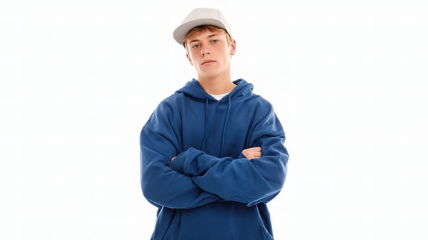 A young man in a blue hoodie and cap photo