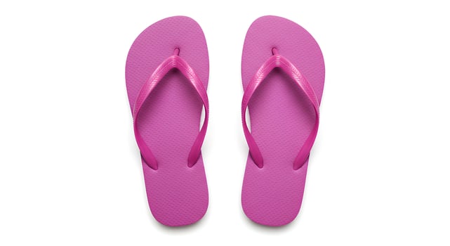 White background flat lay of classic flip flops in summer style great for use in casual shoe promotions and seasonal design projects photo