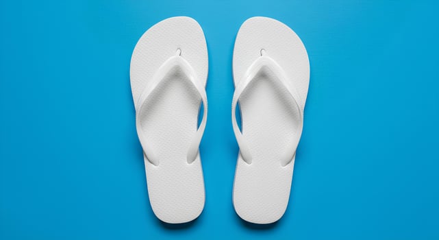 Top view flat lay of white flip flops on white background perfect for summer vacation visuals beach fashion ads and casual footwear design photo