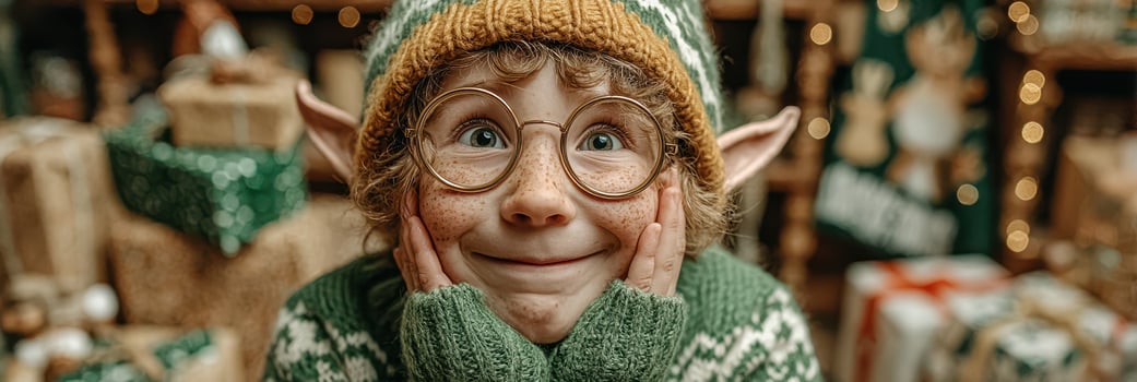 Child dressed as a cheerful elf surrounded by holiday gifts in a cozy environment during winter festivities photo