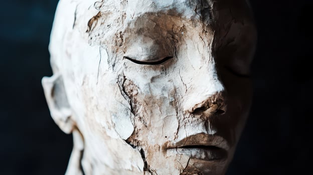 Sculptural head with cracked surface in low light photo
