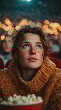 Snowy theater night brings joy and wonder to young audience enjoying a film surrounded by glowing lights photo